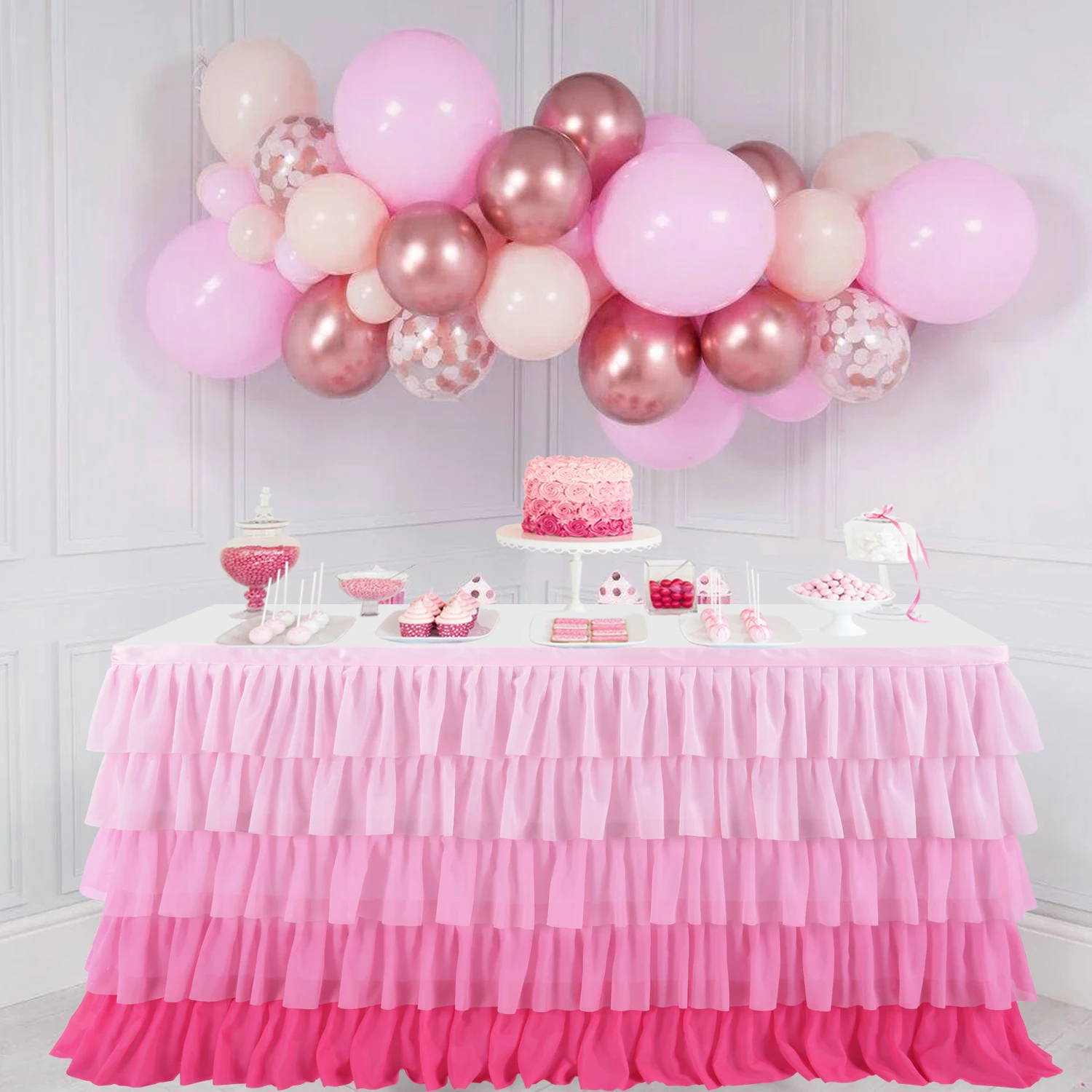 Tulle Tutu Table Skirt tablecloth 5 Tiers Gradient pink Tableware Decoration wedding Birthday