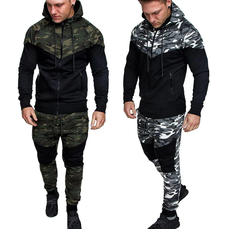 

Men Causal Camouflage Print Sets Camo Jacket+Pants 2Pc Tracksuit Sportwear Camping Hiking Hoodies Sweatshirt&Pant Suit Plus Size