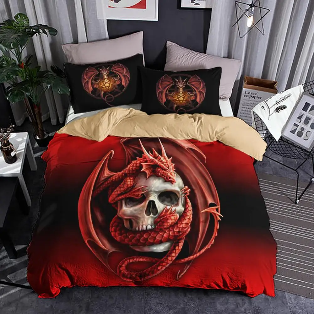 

3D Skull Game Bedding Set Red Dragon Animal Duvet Cover With Pillowcase Twin Queen King Size Bed Set 3pcs Bedlinen Dropshipping