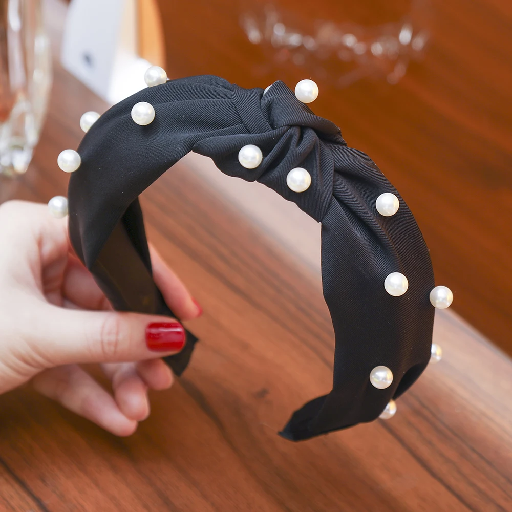 Fabric Black LEVAO повязки для волос в клетку с жемчугом, инкрустированные жемчугом резинки для волос, элегантные широкие обручи для волос, ободок для женщин, аксессуары для волос - Цвет: Fabric Black