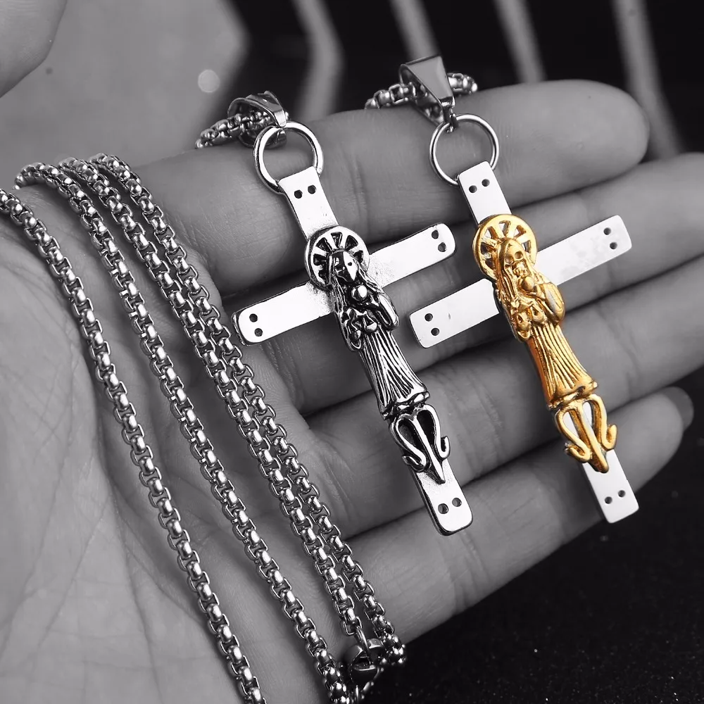 

316l Stainless Steel Hot Holy Saint Death Santa Muerte Skull Biker Cross Pendant Necklace
