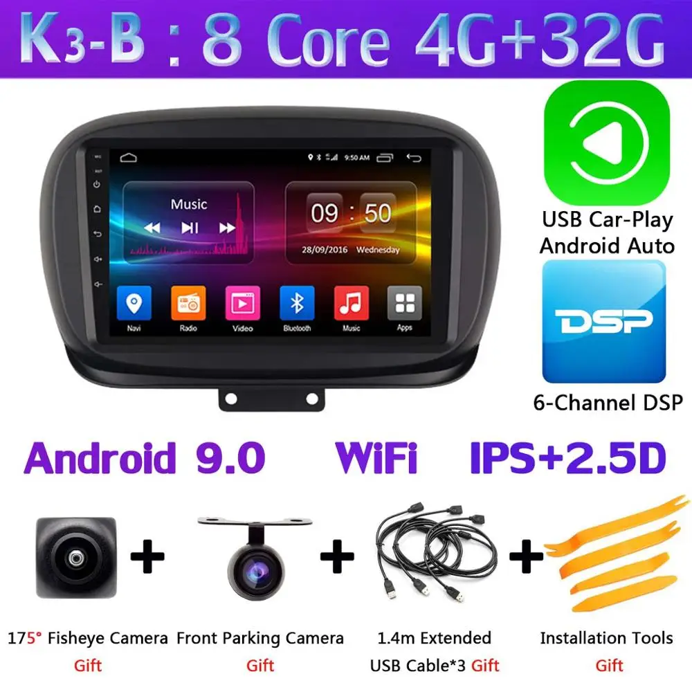 360 ° панорамный Android 9,0 4G+ 64G gps радио авто CarPlay SPDIF DSP Автомобильный мультимедийный плеер для FIAT 500X - Цвет: K3-B-CarPlay