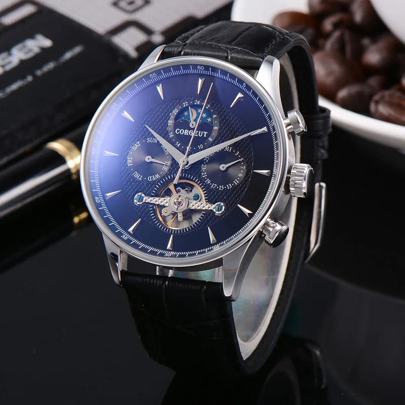 

Corgeut Skeleton Mechanical Automatic Watch Men Sport Top Luxury Brand Moon Phase Watches Rose Gold Leather Hombre Wrist Watches