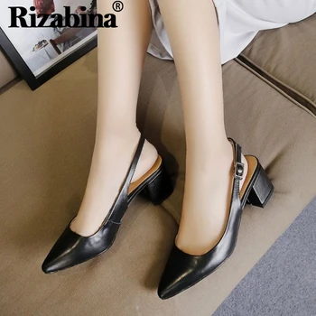

RizaBina Sexy Party Genuine Leather Women Pumps Hot Sale Retro Buckle Pointed Toe Shallow Chunky Heel Shoes Woman Size 34-39
