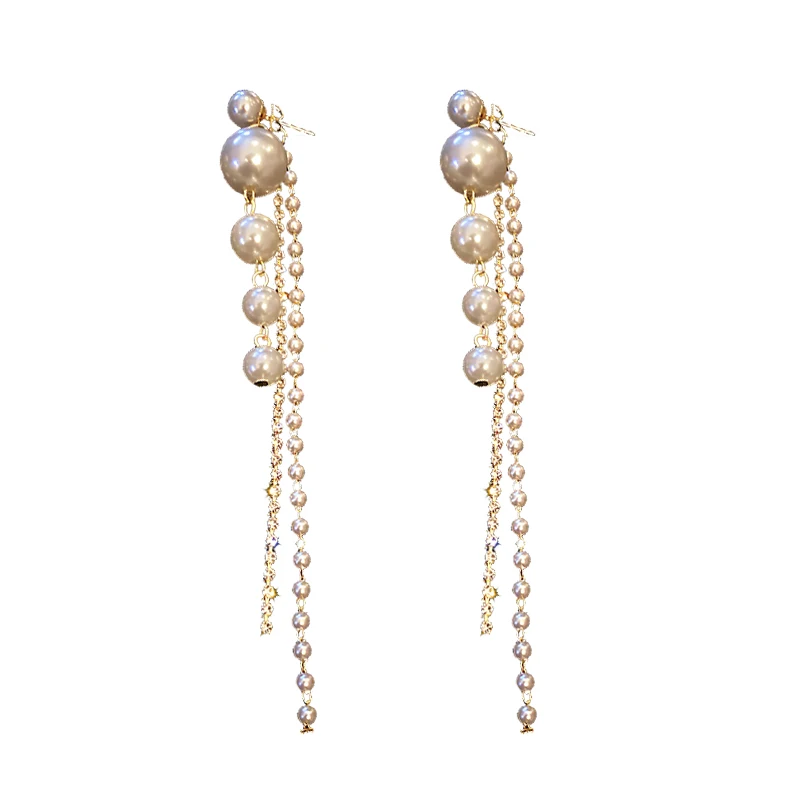 Long Dangle Earrings For Women New 2021 Fashion Kortean Full Crystal Pearl Tassel Drop Earring Vintage Gold Brincos Jewelry - Image 5