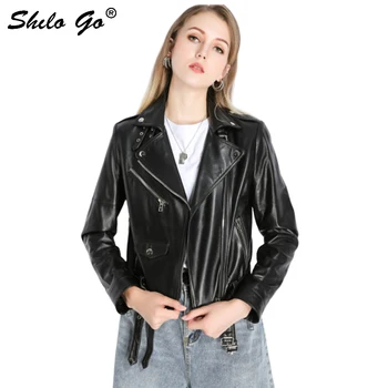 

Genuine Leather Jacket Streetwear Notched Neck Buckle Betled Jacket Coats Women Autumn Black Moto Long Sleeve Leather Outwear