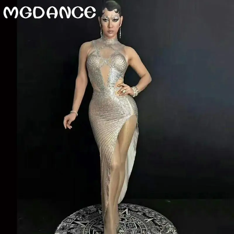 

New Sexy Glass Rhinestones Stage Bright Crystals Women Dress Birthday Celebrate Party Prom Costume Sparkly Silver Long Dresses