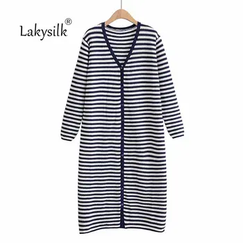 

Brand Striped Long Cardigan Women V-neck Full Sleeve Double-layer Hollow Out Sweater Autumn Fashion Casual Lady Knitted Cardigan