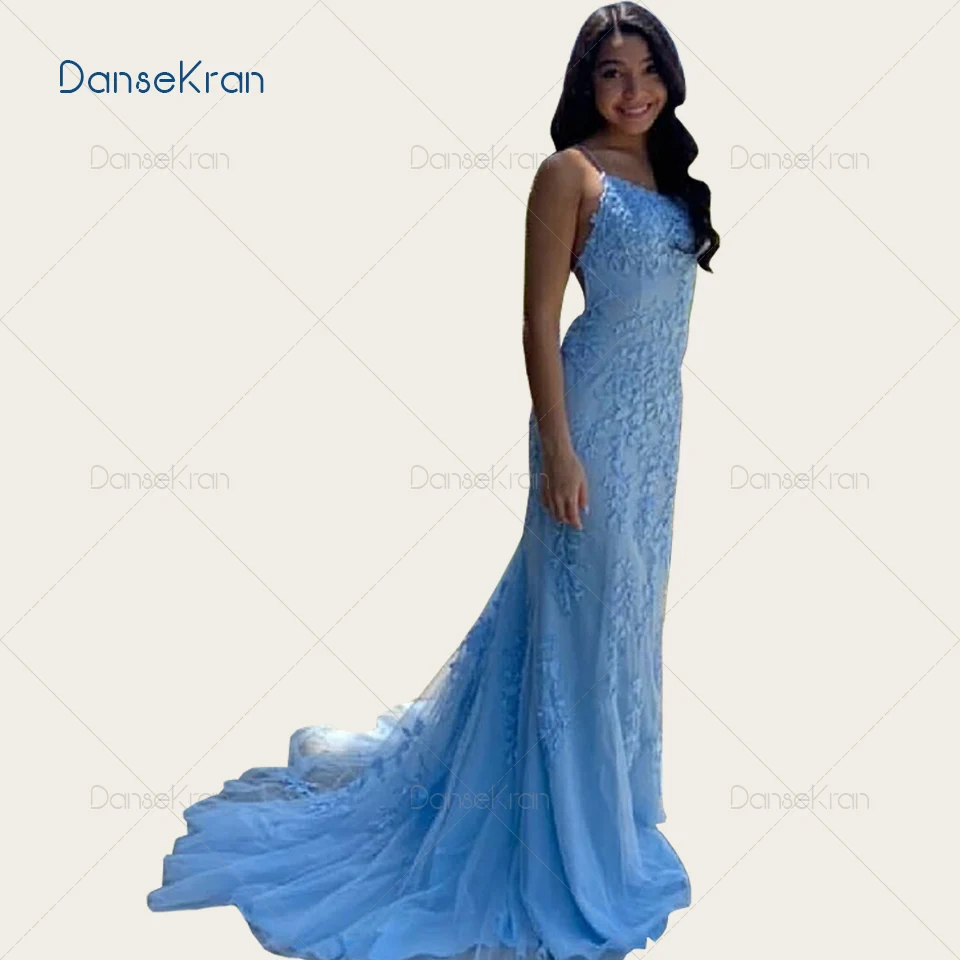 

Light Blue Appliqued Tulle Prom Dresses 2020 Spaghetti Straps Evening Gowns Lace Up Back Custom Made Maxi Dresses For Party