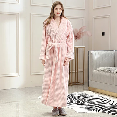 Men Women Winter Extra Long Thicken Grid Flannel Warm Bath Robe Luxury Soft Thermal Bathrobe Mens Dressing Gown Male Sexy Robes - Цвет: Pink Women