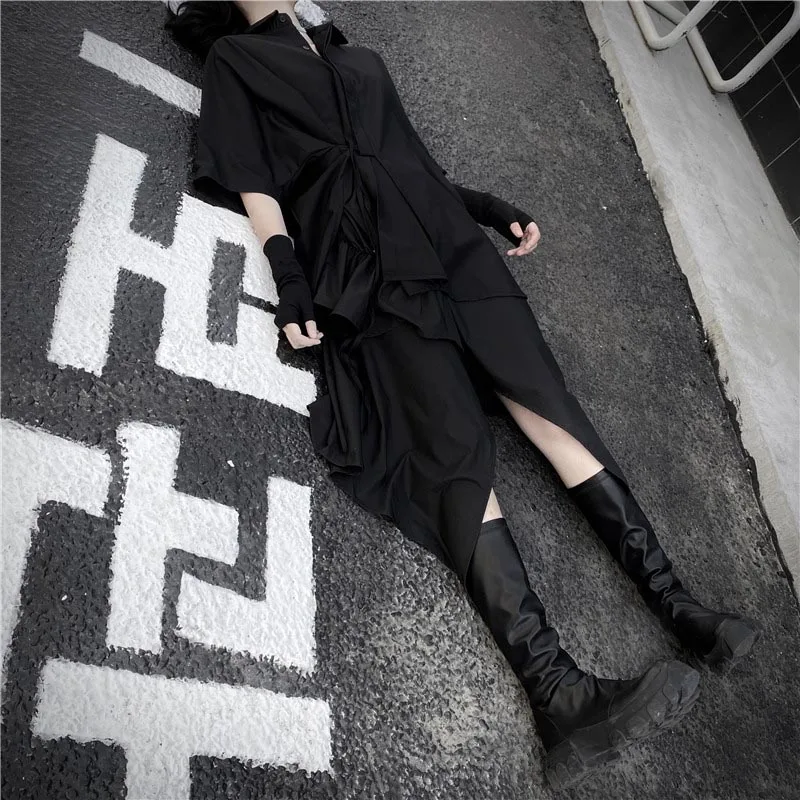 Summer women's new square collar black short-sleeved shirt irregular bow tie design simple loose fashion trend
