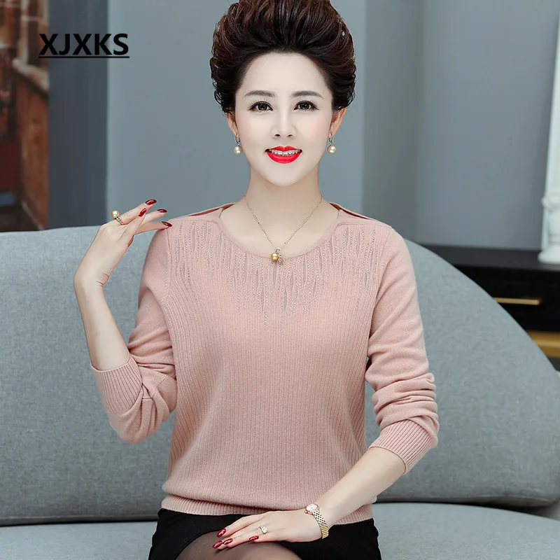 XJXKS All-match exquisite diamond women sweater autumn winter new plus size wool knitted sweater women pullover - Цвет: Leather Pink