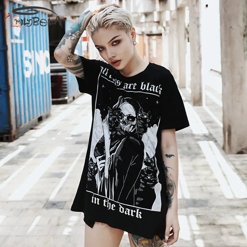 

Imily Bela Gothic Print T Shirt Women Casual Short Sleeve Loose Black Long T-shirt Summer Streetwear Fashion Devil Tshirt