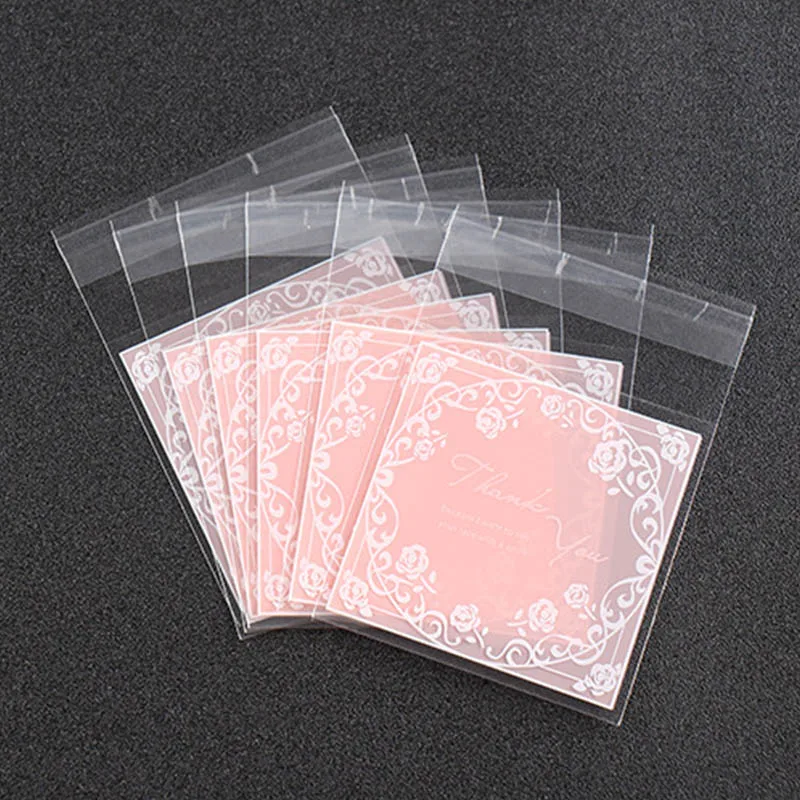 100pcs Plastic Rose Flower Pattern Cookie Package Candy Bag Self-Adhesive S 