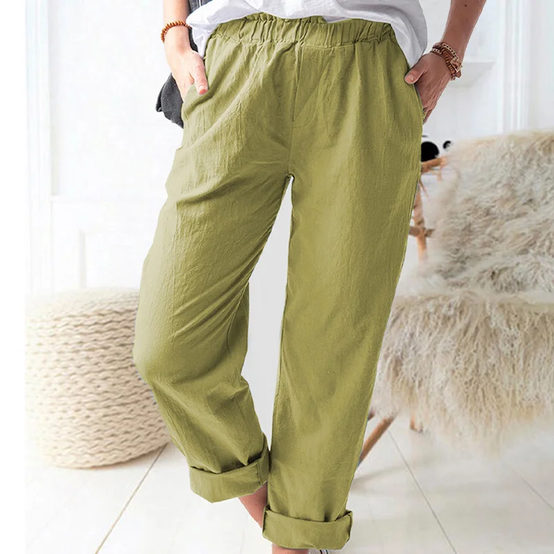 leather pants Cotton Linen Big Pocket Thin Women's Pants Solid Elastic Waist Pant For Women 2021 Summer Straight White Homewear Trousers capris Pants & Capris