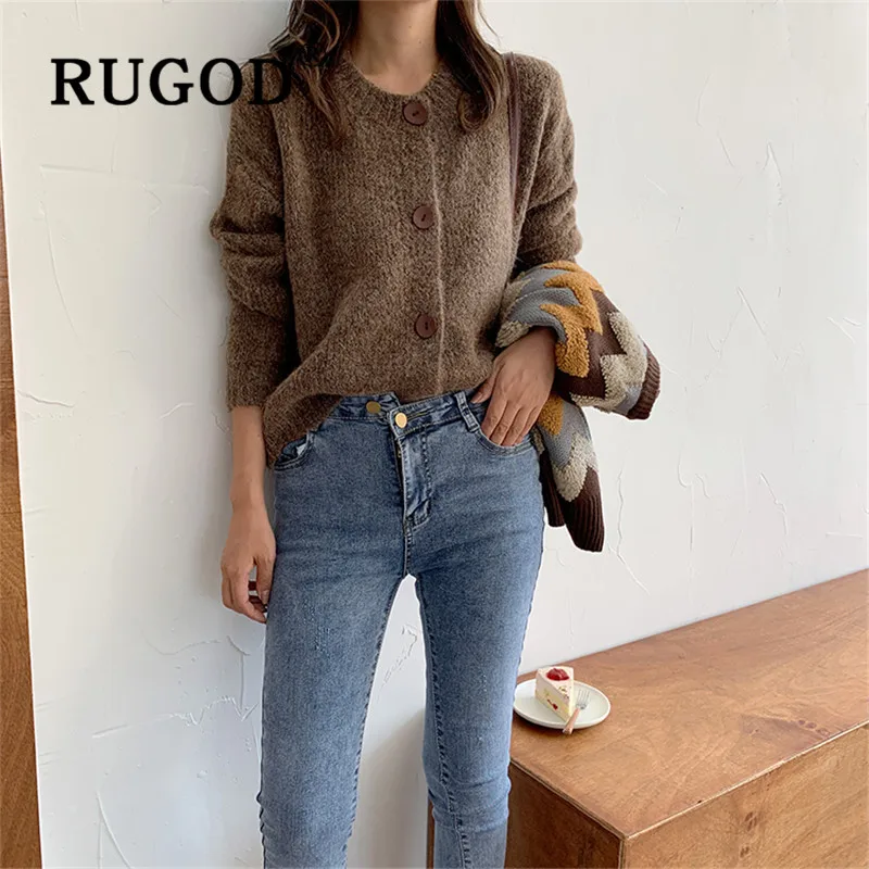 RUGOD корейский стиль Шикарный однотонный кардиган с круглым вырезом свободный свитер Simplee Зимние Топы для женщин Мода