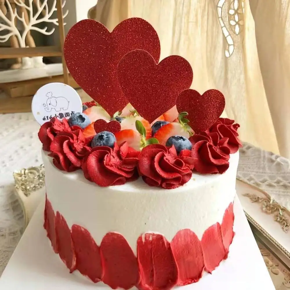 7pcs Set Red Gold Heart Shape Cake Topper With Toothpick Decorations ...