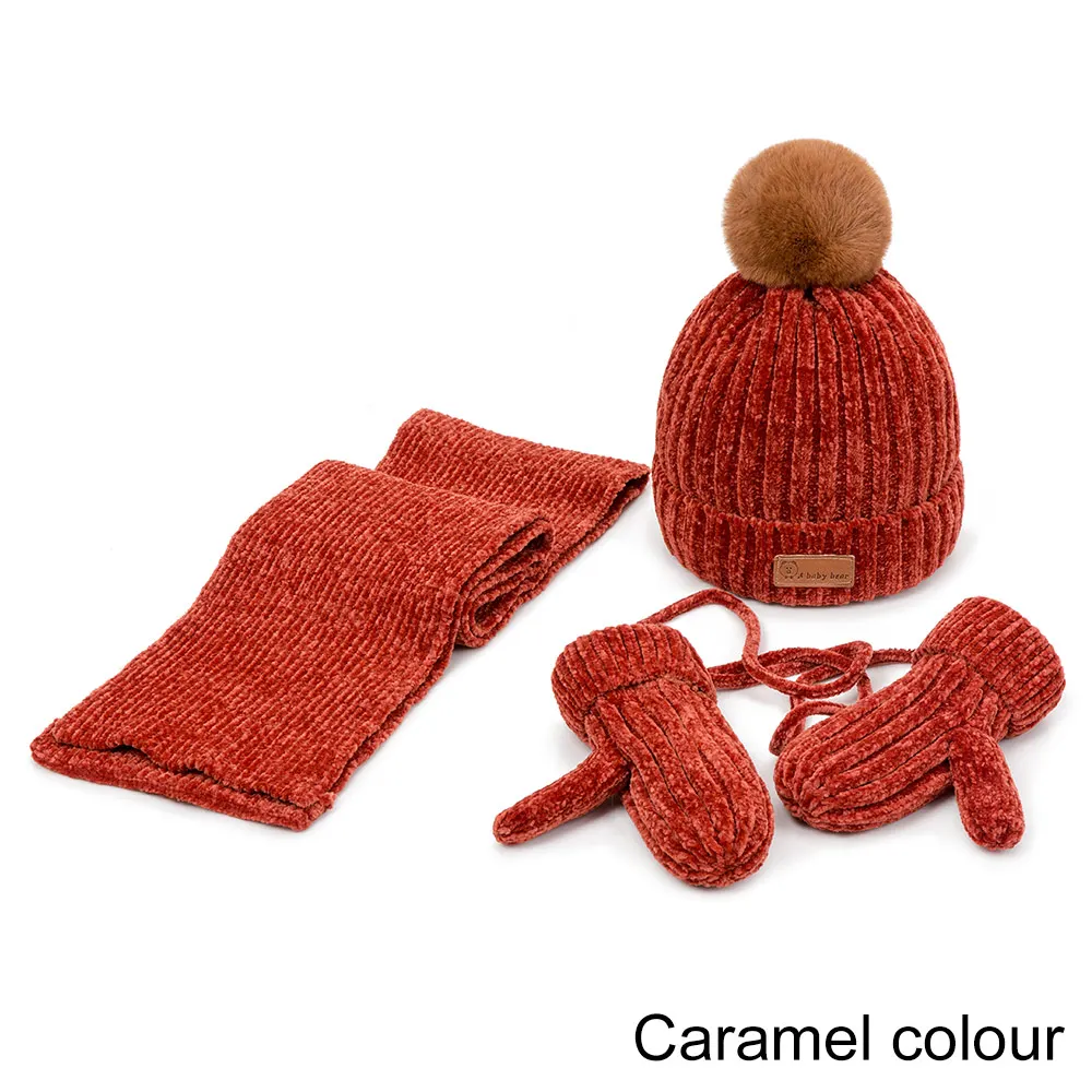 caramel REAKIDS для маленьких девочек шапка шарф перчатки Комплект зима теплая утолщенная шапка с помпоном мягкая удобная Выходная шляпа для мальчиков хлопок шляпа костюм - Цвет: caramel