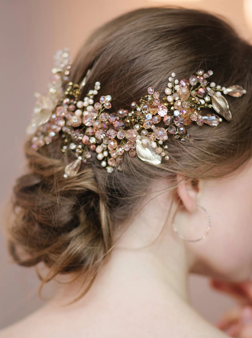 Brideamaid Flower Headband Gold Pink Crystal Wedding Hair Vine Hairpiece Bridal Hair Accessories