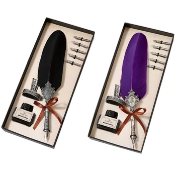 

2pcs Retro Vintage Calligraphy Feather Pens Cute Feather Ballpoint Pens Kawaii Plush Ball Pens - Black & Purple