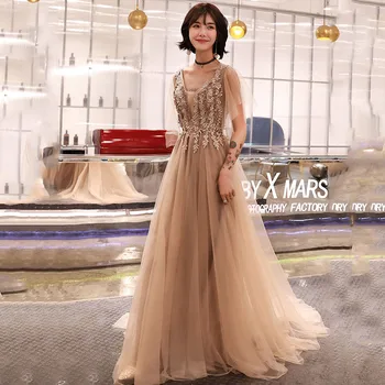 

Evening Dresses Appliques Lace Top Formal Party Gowns K302 V-Neck Short Sleeve Robe De Soiree Champagne A-Line Vestidos 2020