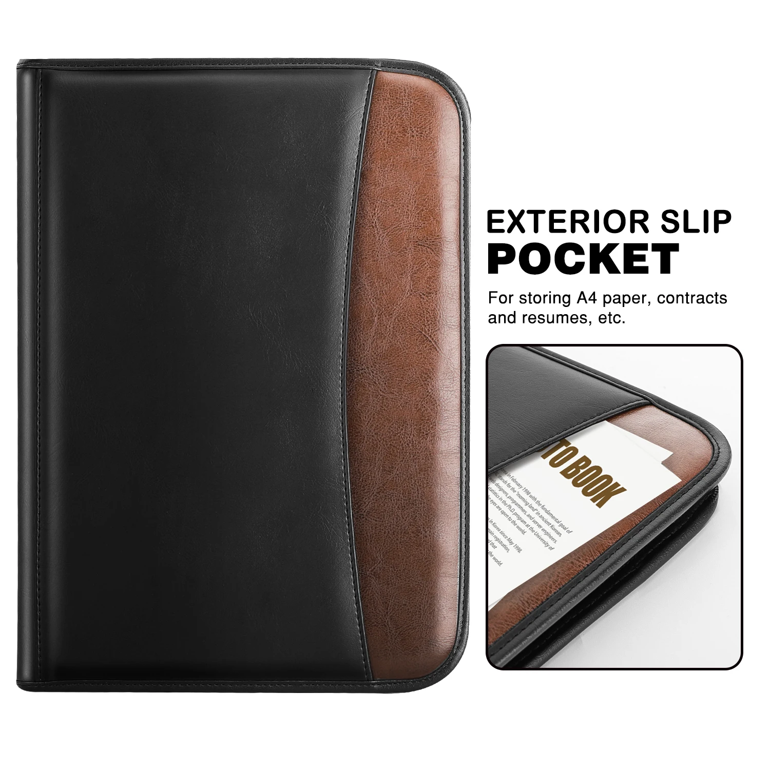 Black&Brown Card Holder and Cell Phone/iPad Holder Stylish Portfolio Office Gifts Portfolio/Leather Padfolio Folder with Free Pen and A4 Notebook- Vegan Leather Business Portfolio with Clipboard 