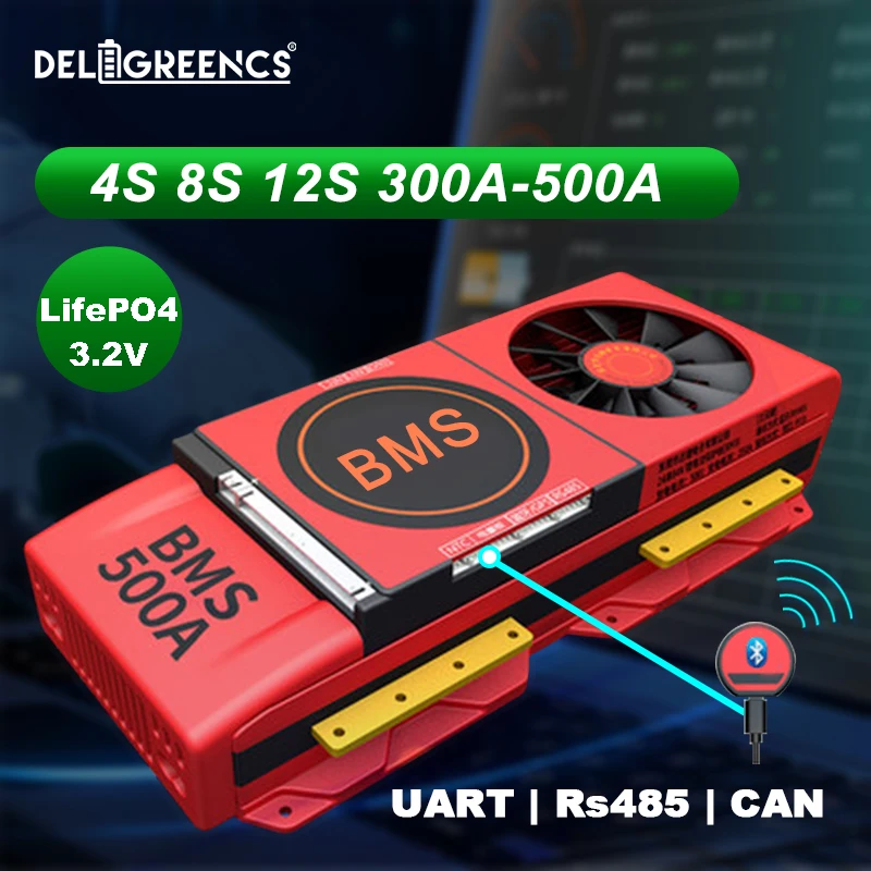 LiFePO4 Смарт BMS 4S 8S 12S 300A 400A 500A с вентилятором UART RS485 modbus Bluetooth 12V 24V 36V для