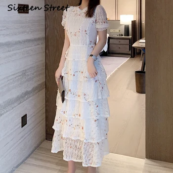 

2020 New Summer White Lace Dress Woman Party Short Sleeve O-neck Floral Embroidery Ruffle Maxi Dress Female Casual Bodycon