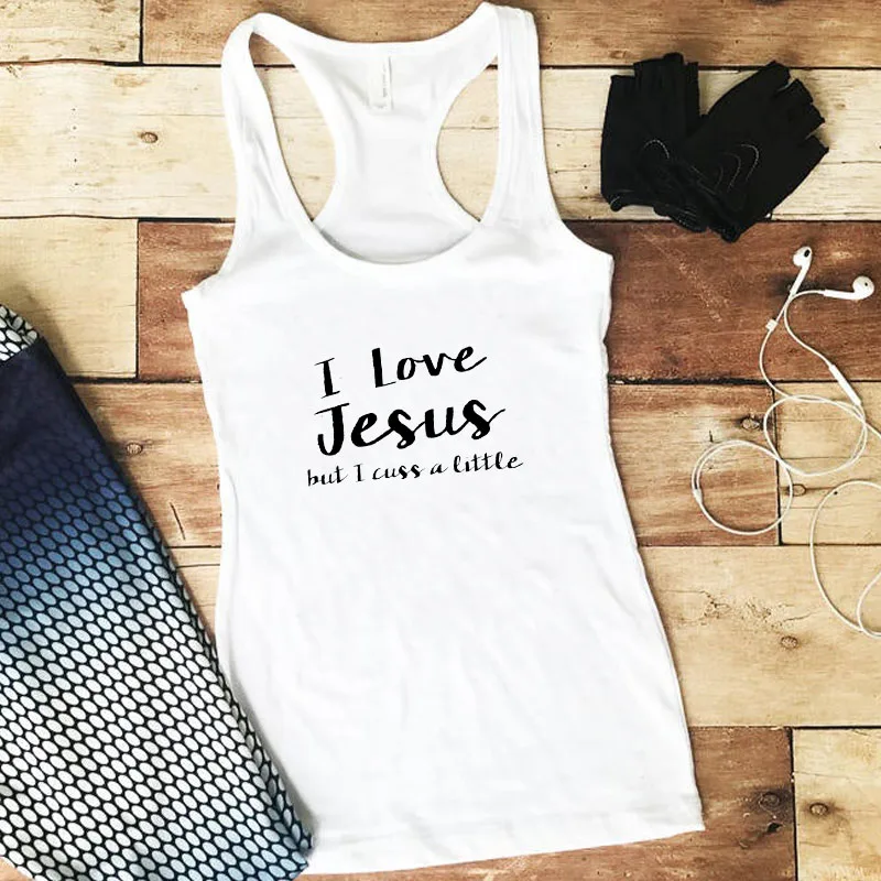 I Love Jesus But I Cuss A Little Shoulder футболки женские безрукавки женская одежда хлопок черный топ уличная одежда Прямая поставка
