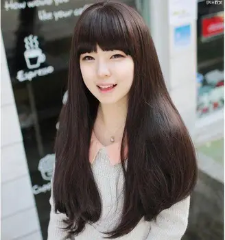 

Japanese and Korean Qi Liu Hai's face straight hair realistic fluffy long straight wig light brown