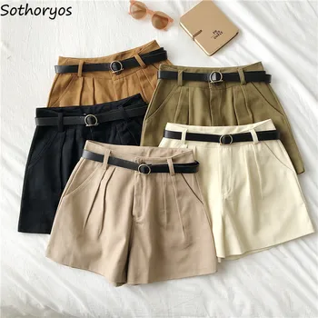 

Shorts Women Spring High-waist Fashion Solid Khaki Slim Wide-leg Sashes Elegant Office Femme A-line Casual Ulzzang All-match New