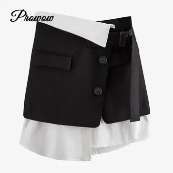 

2020 Summer Hem Patchwork Fold-over Oblique Buckle Fake Two-piece A-line Skirt Brand Design Luxury Goth Black Mini Skirt Clothes