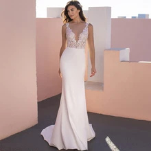 

Mild Mermaid Wedding Dresses V-Neck Sleeveless Lace Appliques Court Train Fancy Jersey Bridal Gowns Custom Made Vestido De Noiva