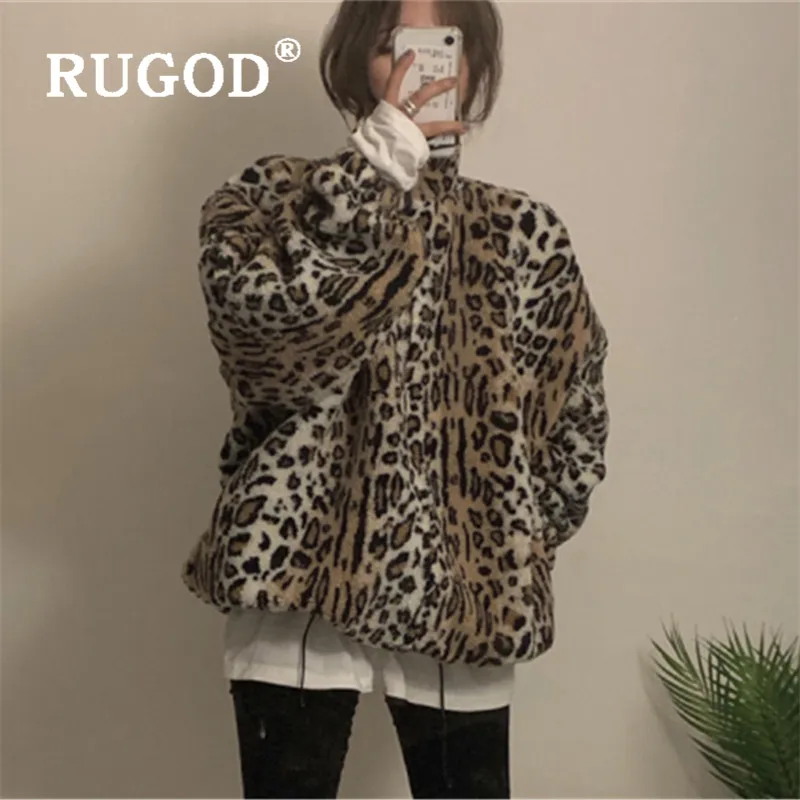 RUGOD, леопардовая теплая куртка, женское пушистое пальто размера плюс, корейский стиль, зимние топы для женщин, шикарная одежда Kpop