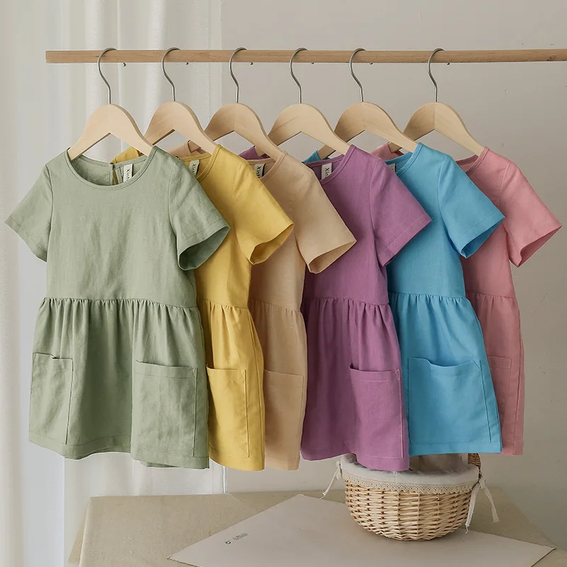 Cotton Linen Summer Girl Dress Casual Short Sleeve Kids Holiday Dress With Pockets girls dress kids clothes
