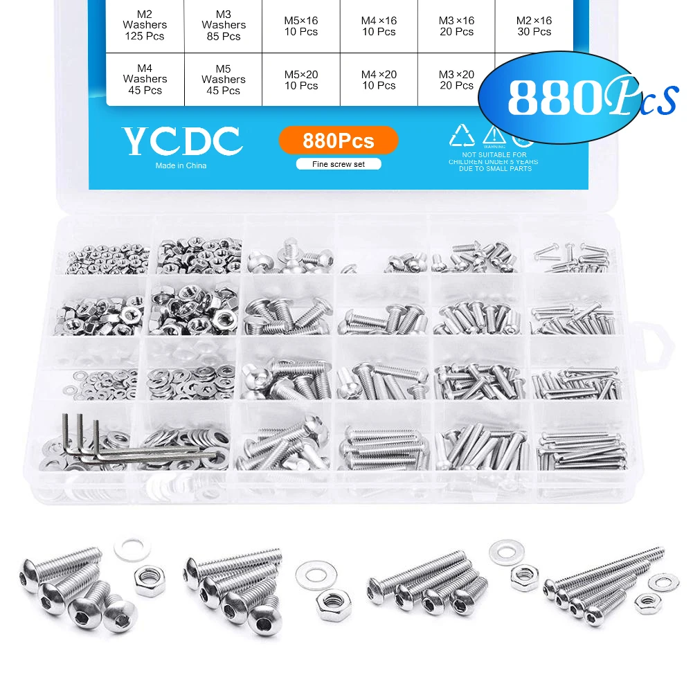 

880Pcs M2 M3 M4 M5 Hex Hexagon 304 Steel Socket Screws Bolts Hex Nuts bolts Set Head Screw Kit Assortment Bolts and Nuts Allen