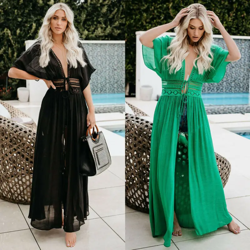 Summer Women Lace Crochet Beach Cardigan Bikini Cover Up Wrap Beachwear Long Dress 1