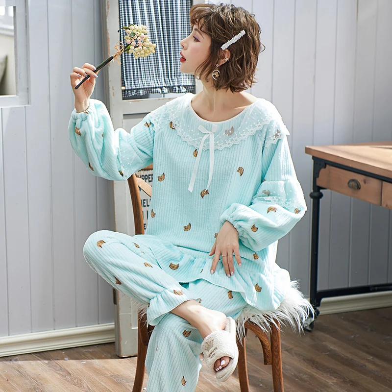 Kawaii Pjs с принтом манго, новые фланелевые зимние домашние костюмы, рукава-фонарики, для девочек, с галстуком-бабочкой, с кружевным воротником, украшенный пижамный комплект для женщин - Цвет: 206