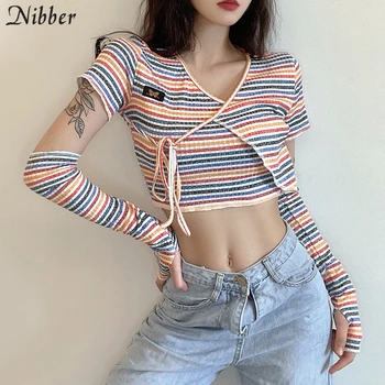 

Nibber fashion colorful stripe lace up tshirt Women 2020 Autumn clothes Casual chic hollow out long sleeve skinny crop Top mujer