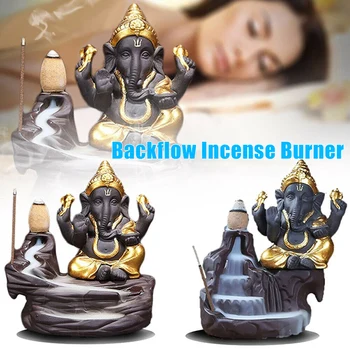 

Ceramic Ganesha God Buddhas Elephant Backflow Smoke Incense Holder Censer Decoration HKS99