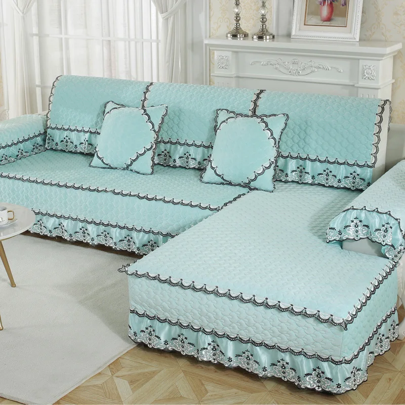 Европейский кружевной плюшевый диван высокого класса, утолщенный Мягкий Нескользящий диван, покрывало для дивана, полотенце, подушка, украшение для дома - Цвет: Sky Blue