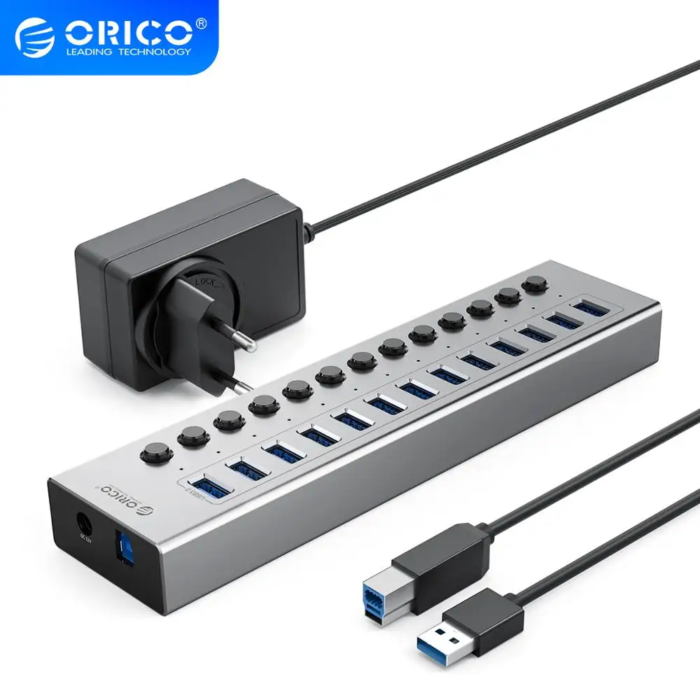 Moderne Berri supplere ORICO Industrial USB 3.0 HUB 7/10/13/16 Aluminum USB Splitter On/Off Switch  With 12V Power Adapter Support Charging for Computer _ - AliExpress Mobile