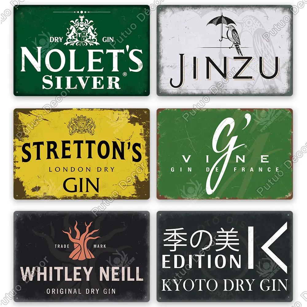 Putuo Decor Classic Gin Vintage Metal Sign Wine Tin Sign Decorative Plaque for Bar Pub Club Decoration Wall Decor Alcohol Sign