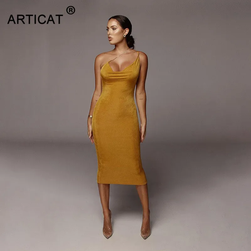Articat, сексуальное платье с металлическими бретельками, неровное, облегающее платье, женское, с открытой спиной, с низким вырезом, длиной до колена, элегантное платье, Vestidos - Цвет: Цвет: желтый