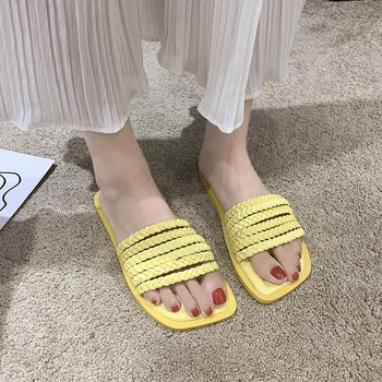 

Rope Weave Design Flat Slippers Women Summer Shoes Square Toe Hollow Out Flat Sandals Outdoor Casuals Beach Slippers 2020