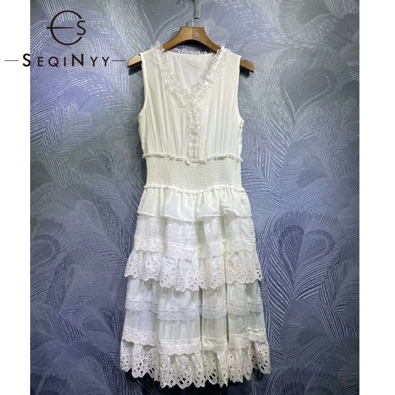 

SEQINYY Elegant Dress 2020 Summer Spring New Fashion Design Women Ruffles Lace Elastic Waist Slim Vest Knee Dress Casual