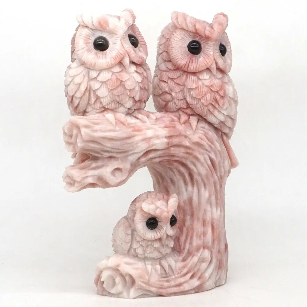 63-82mm Carved Pink Opal Gemstone Owl Decorate Figurine/Statue 