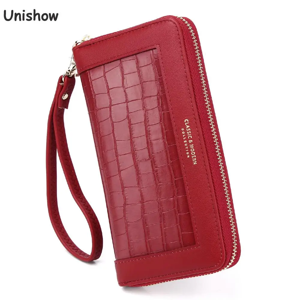 Unishow-cartera con patrón de cocodrilo para mujer, billetera larga de piel sintética para teléfono, monedero