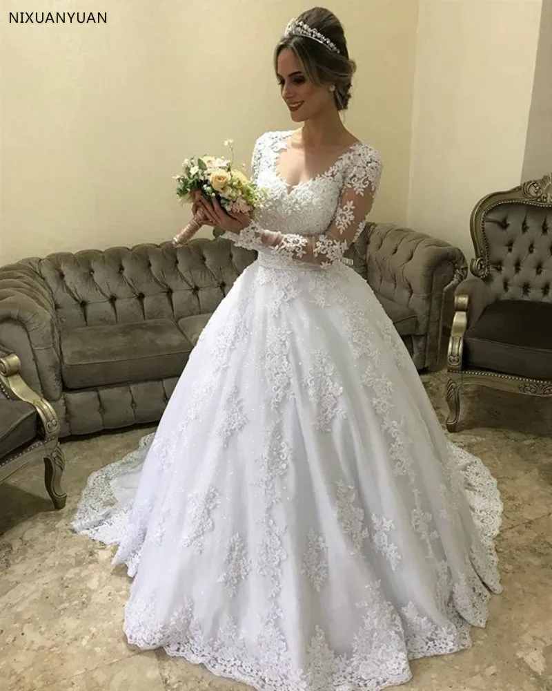 Vestido De Novia элегантная Кружевная аппликация на свадебные платья со шлейфом с длинным рукавом вырез лодочкой Vestido Longo Vestidos Novia