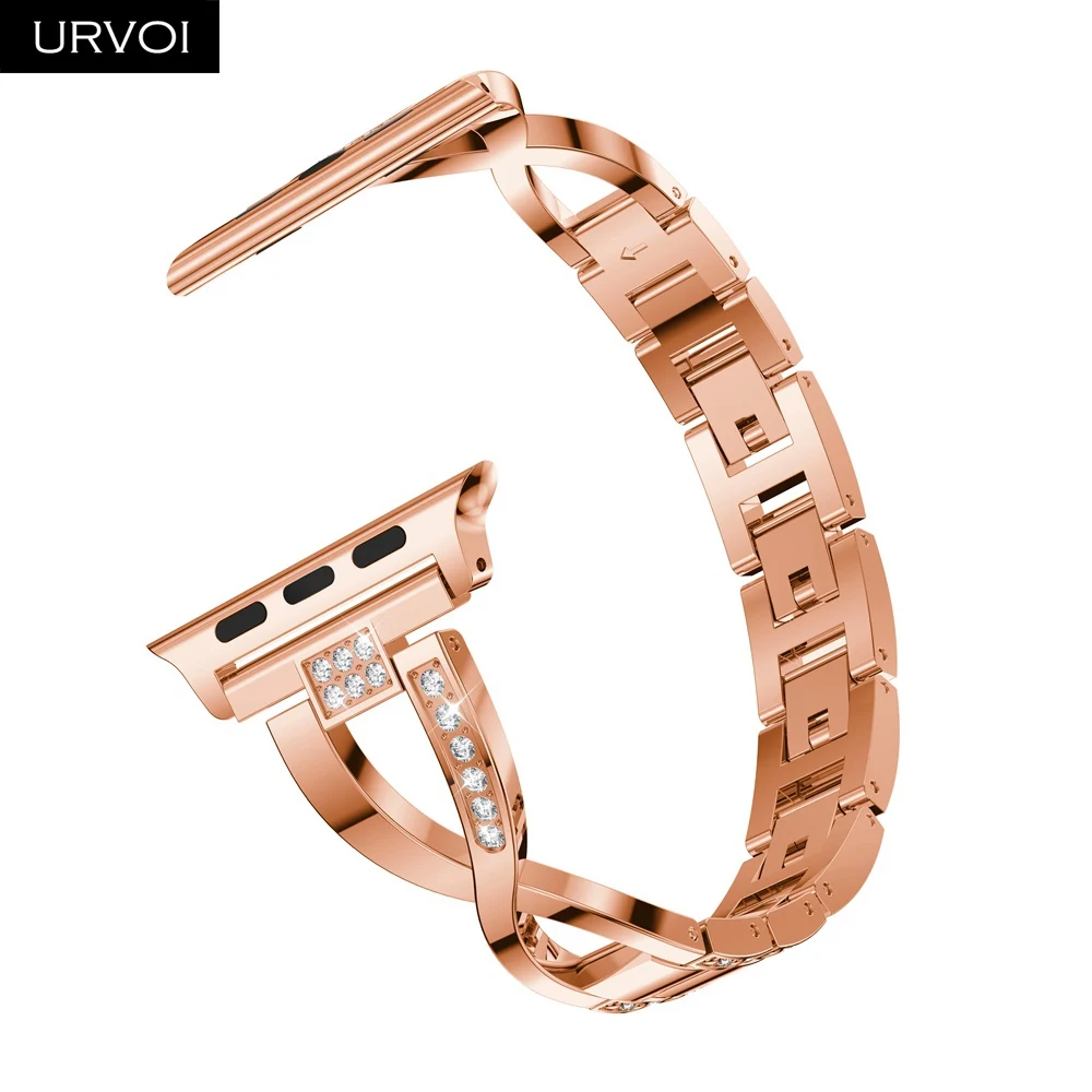 Rose gold URVOI link браслет для apple watch 4 3 ремешок для iwatch из нержавеющей стали 40 мм 44 мм страз модный дизайн для девочек цепь - Цвет ремешка: Rose gold